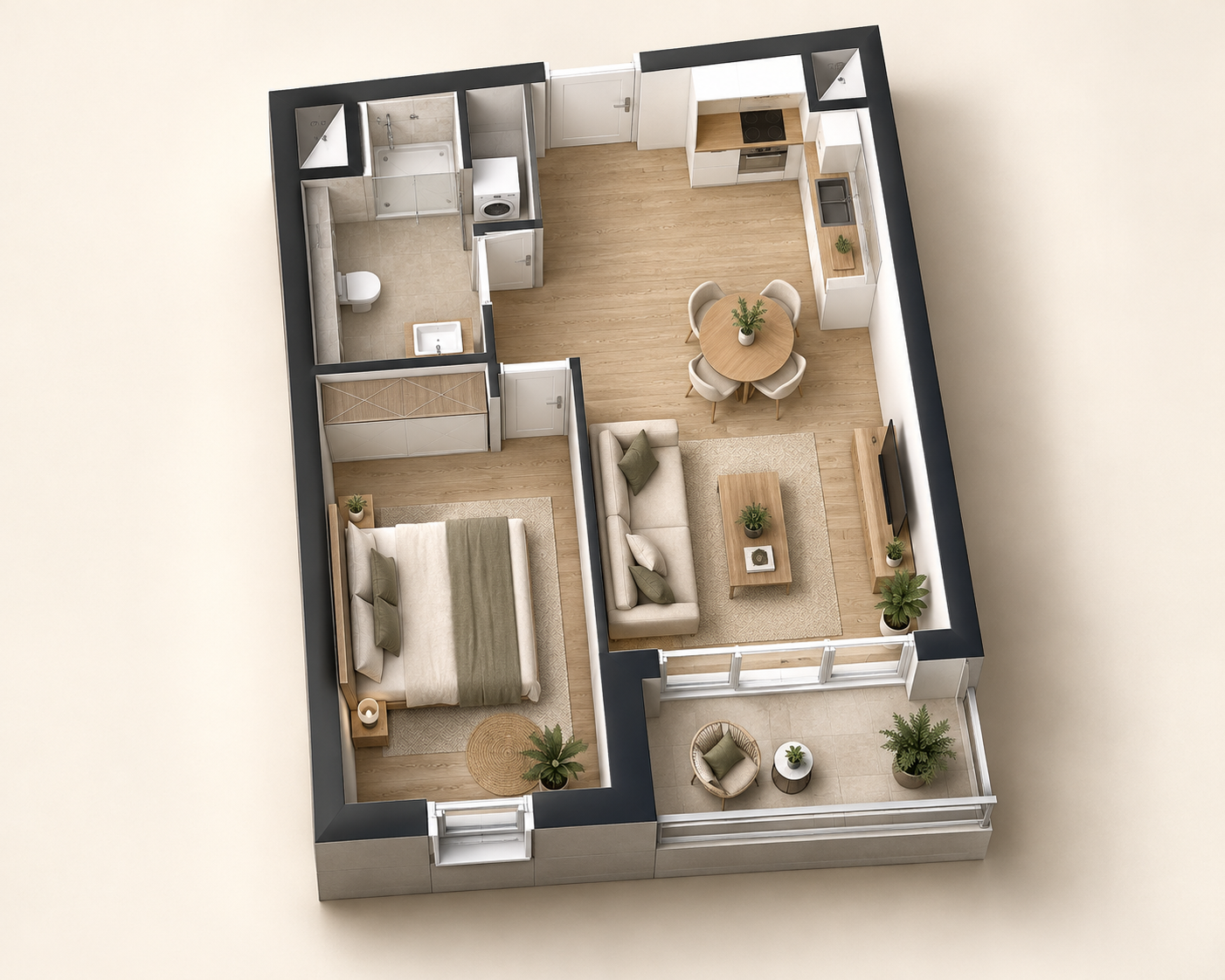 Vue 3D meublée du 2 pièces, inspirée du plan du lot 13